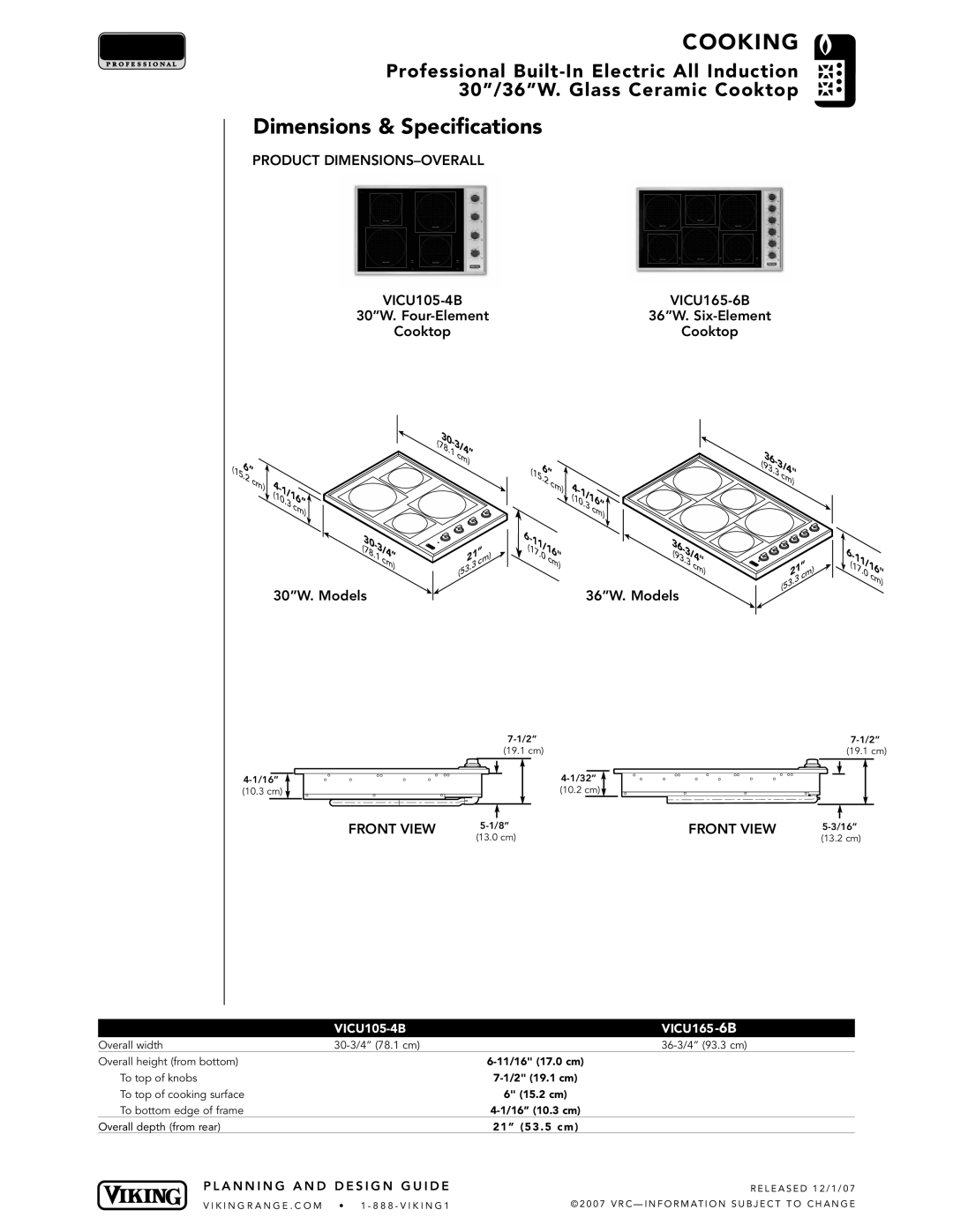 Viking VICU165-6B, VICU105-4B manual Dimensions & Specifications, 11/16, Product DIMENSIONS-OVERALL, Front View 