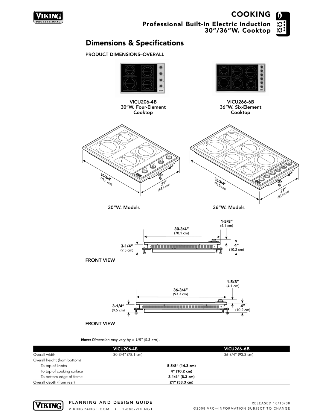 Viking VICU206-4B, VICU266-6B manual Dimensions & Specifications, Product DIMENSIONS-OVERALL, Front View 