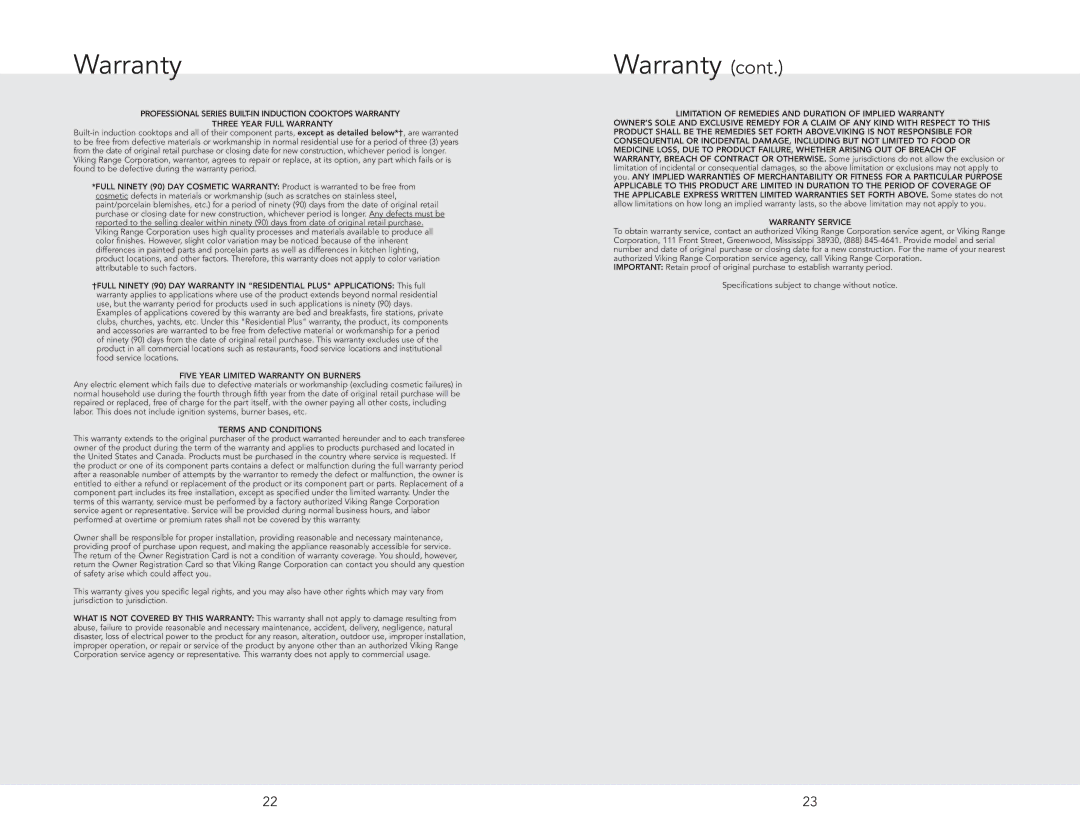 Viking VICU2666BSB, VICU2064BSB manual Five Year Limited Warranty on Burners 
