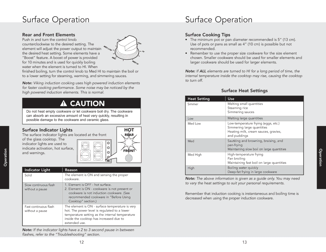 Viking VICU2666BSB, VICU206 Surface Operation, Rear and Front Elements, Surface Indicator Lights, Surface Cooking Tips 