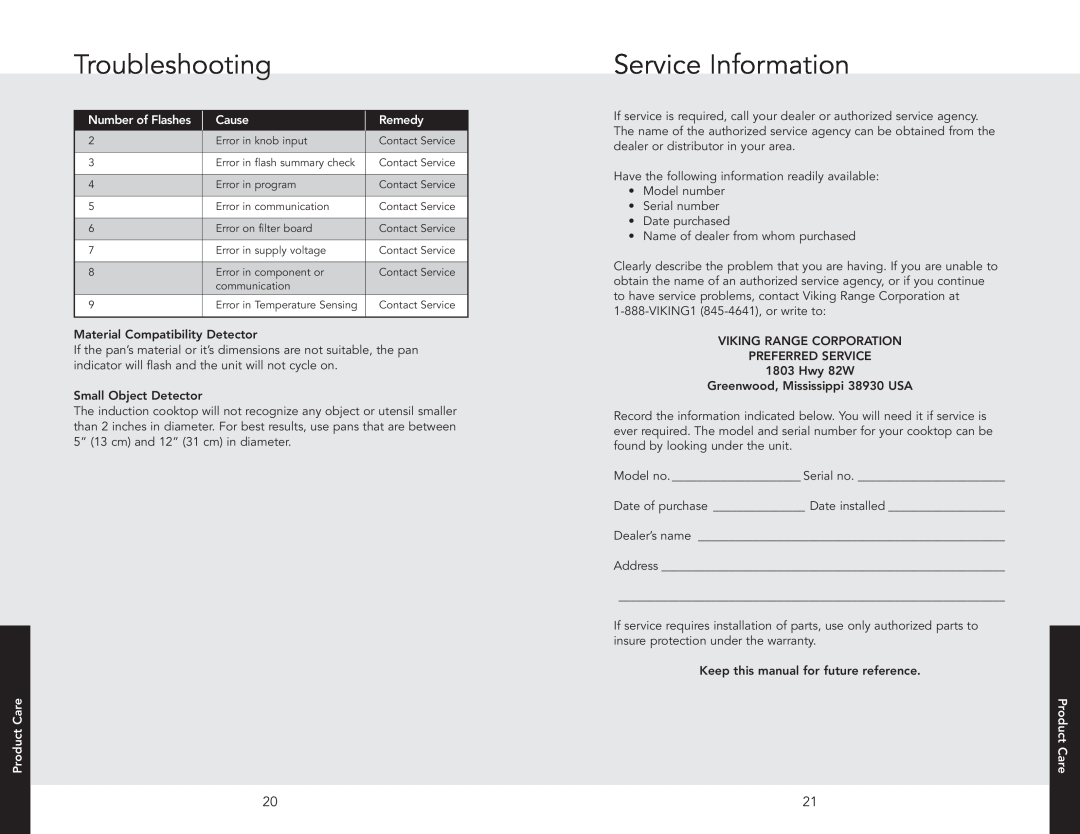 Viking VICU2666BSB, VICU2064BSB manual Troubleshooting, Service Information 