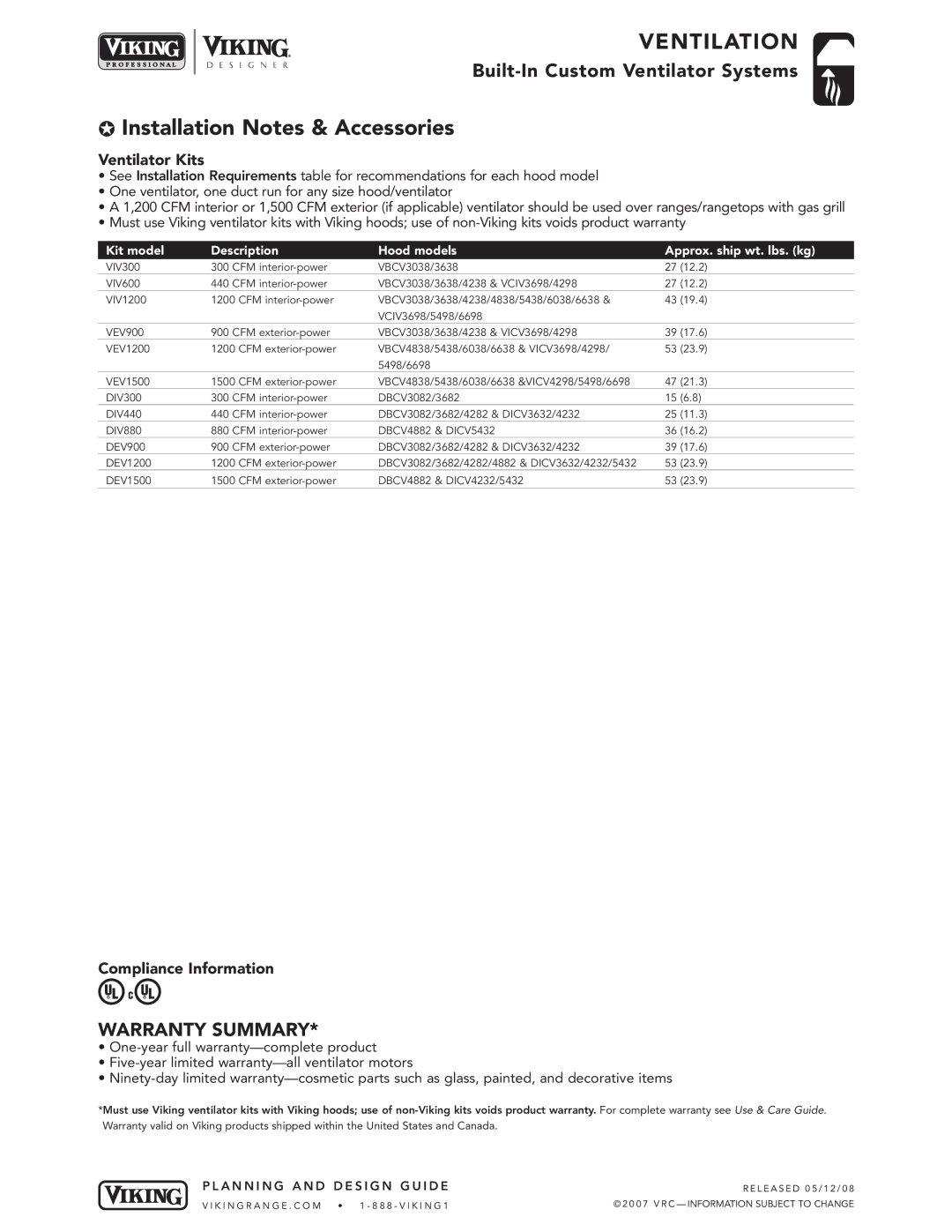 Viking VICV, VBCV, DICV, DBCV dimensions Installation Notes & Accessories, Ventilator Kits, Compliance Information 