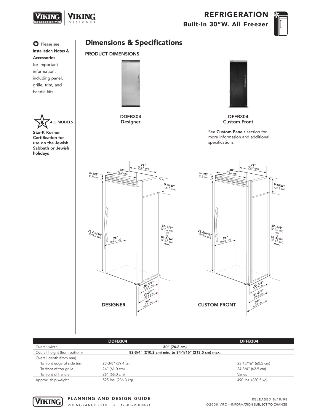 Viking VIFB304, VCFB304 specifications Product Dimensions DDFB304 DFFB304 