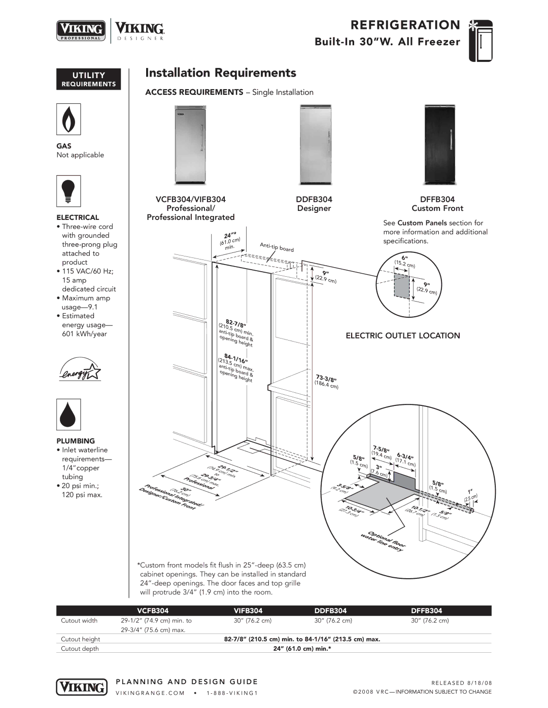 Viking specifications Installation Requirements, VCFB304 VIFB304 DDFB304 DFFB304 