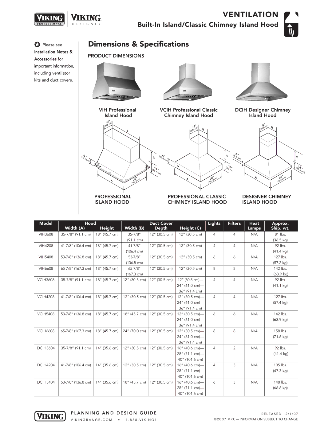 Viking DCIH, VIH, VCIH dimensions Dimensions & Specifications, Product Dimensions, Ship. wt 