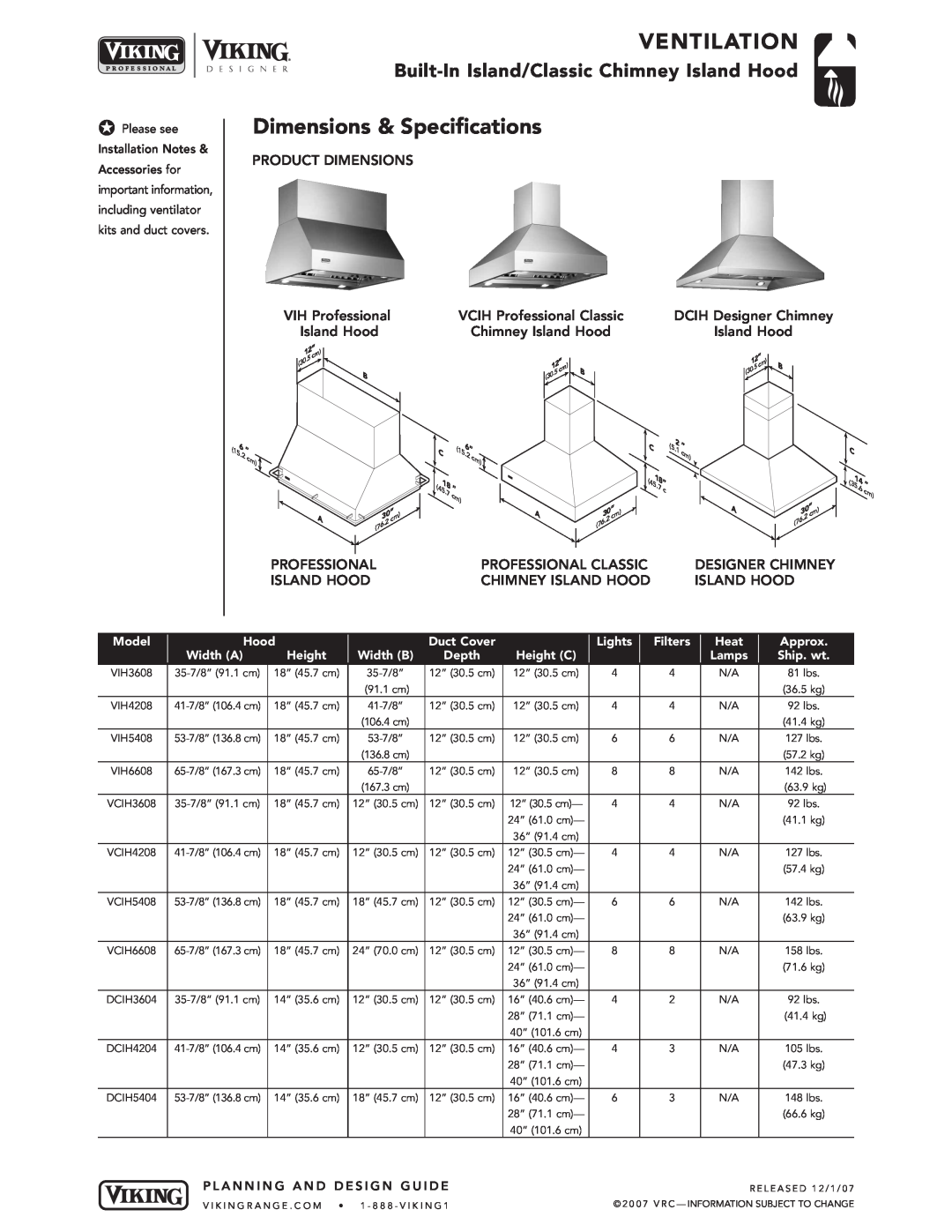 Viking DCIH Dimensions & Specifications, Ventilation, Built-In Island/Classic Chimney Island Hood, Model, Duct Cover, Heat 