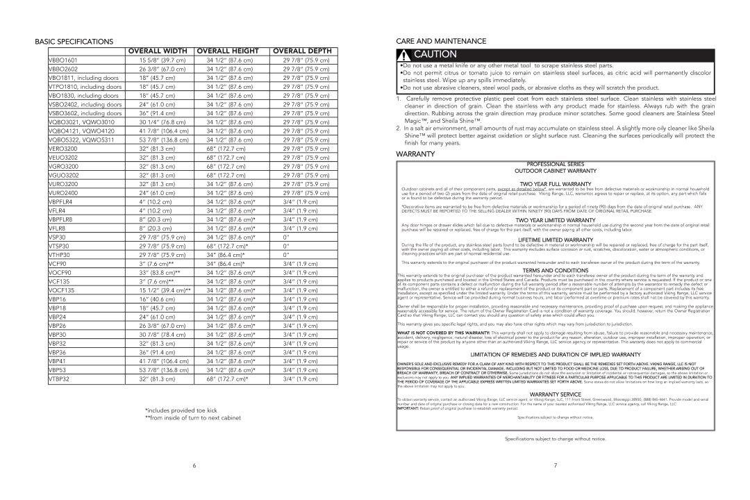 Viking viking manual Care and Maintenance, Warranty 