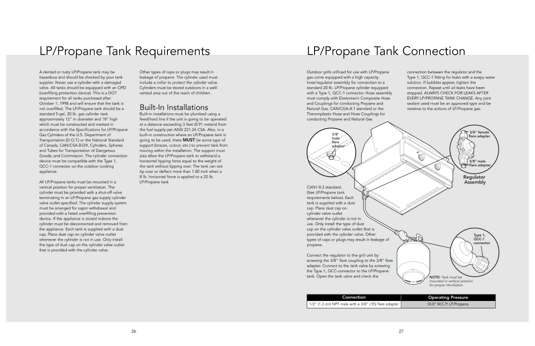 Viking viking manual LP/Propane Tank Requirements LP/Propane Tank Connection, Built-In Installations 