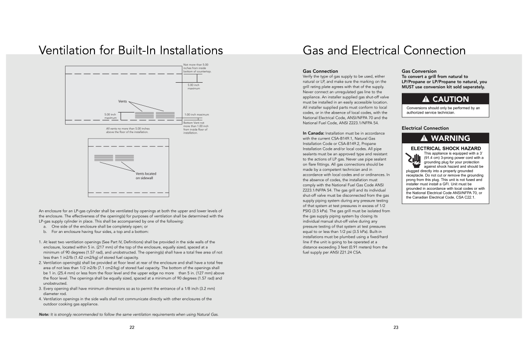 Viking viking manual Ventilation for Built-In Installations, Gas and Electrical Connection, Gas Connection, Gas Conversion 