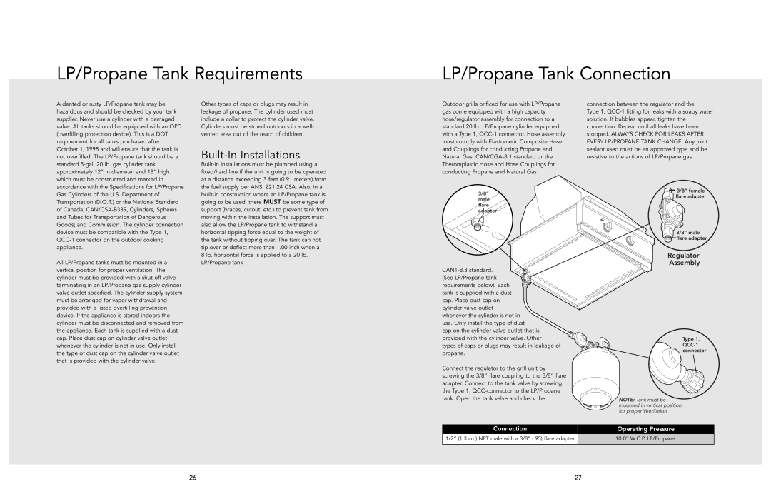 Viking viking manual LP/Propane Tank Requirements, LP/Propane Tank Connection, Built-In Installations, Regulator Assembly 