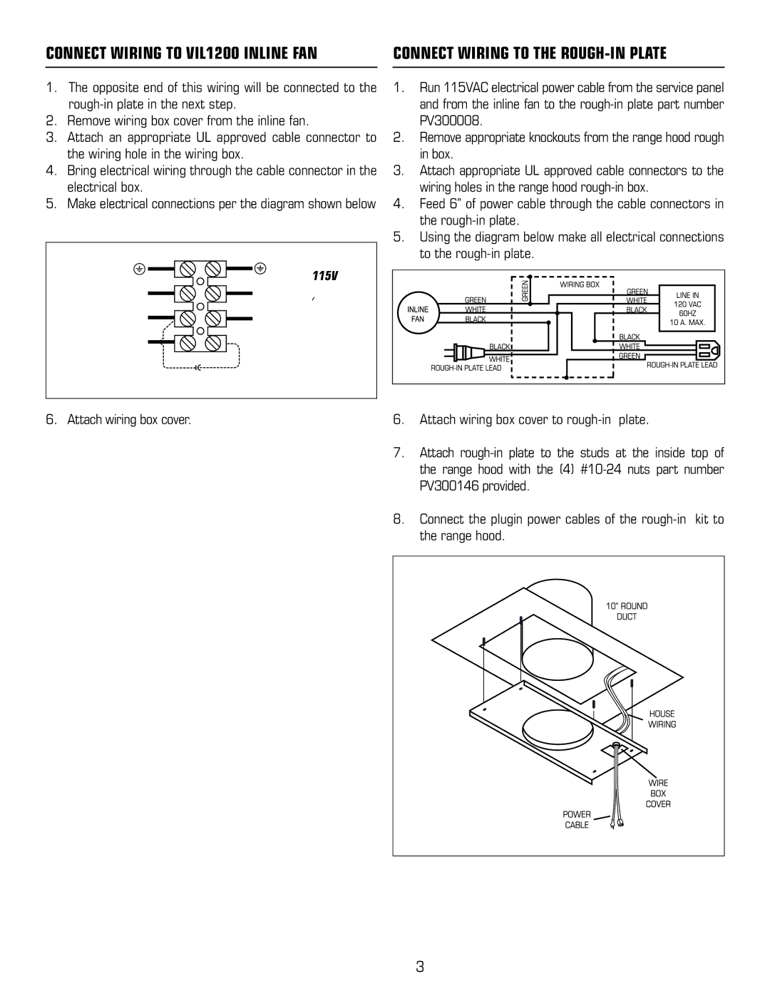 Viking VIL1200 specifications PV300146 provided, Range hood 