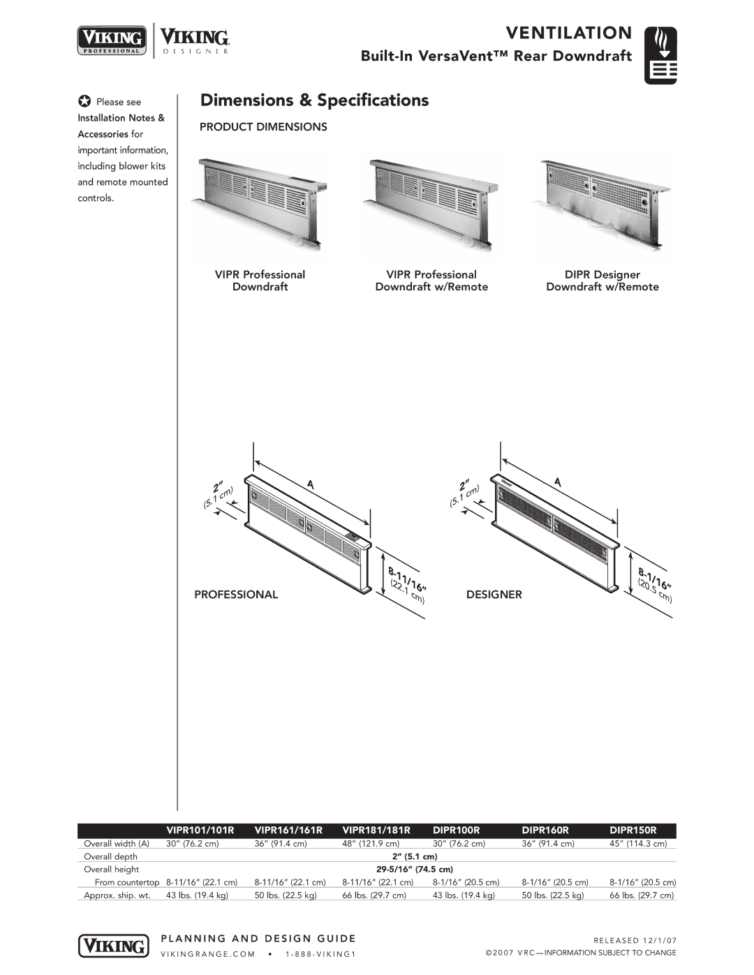 Viking VEDV, VIPR, VIDV, DIPR warranty Dimensions & Specifications, Product Dimensions, Professional, Designer 