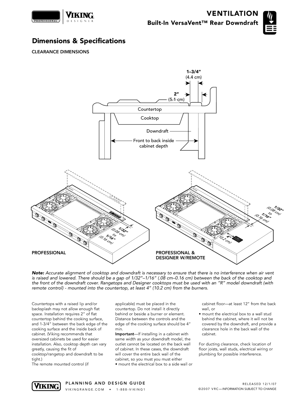 Viking DIPR, VIPR, VIDV, VEDV warranty Clearance Dimensions, Designer W/REMOTE, Professional 