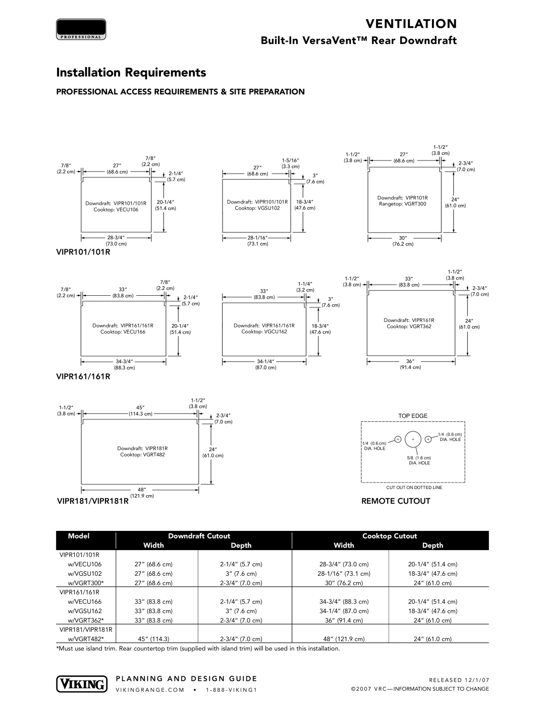 Viking VIDV, VEDV, DIPR warranty Professional Access Requirements & Site Preparation, VIPR101/101R, VIPR161/161R 