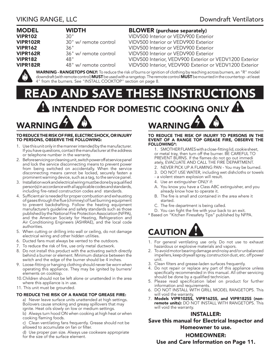 Viking VIPR162, VIPR182R warranty Intended for Domestic Cooking only, To Reduce the Risk of a Range TOP Grease Fire 