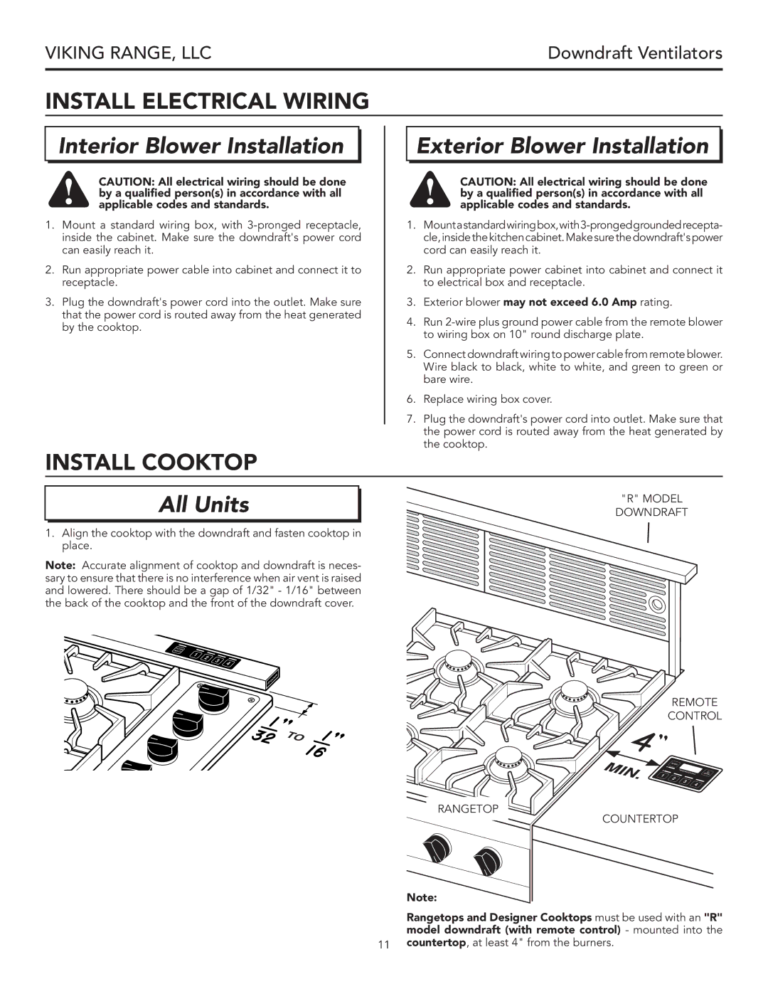 Viking VIPR182R, VIPR102R, VIPR162R warranty Install Electrical Wiring, Install Cooktop, Model Downdraft 