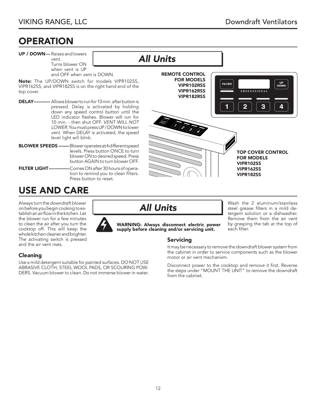 Viking VIPR182R, VIPR102R, VIPR162R warranty Operation, USE and Care 