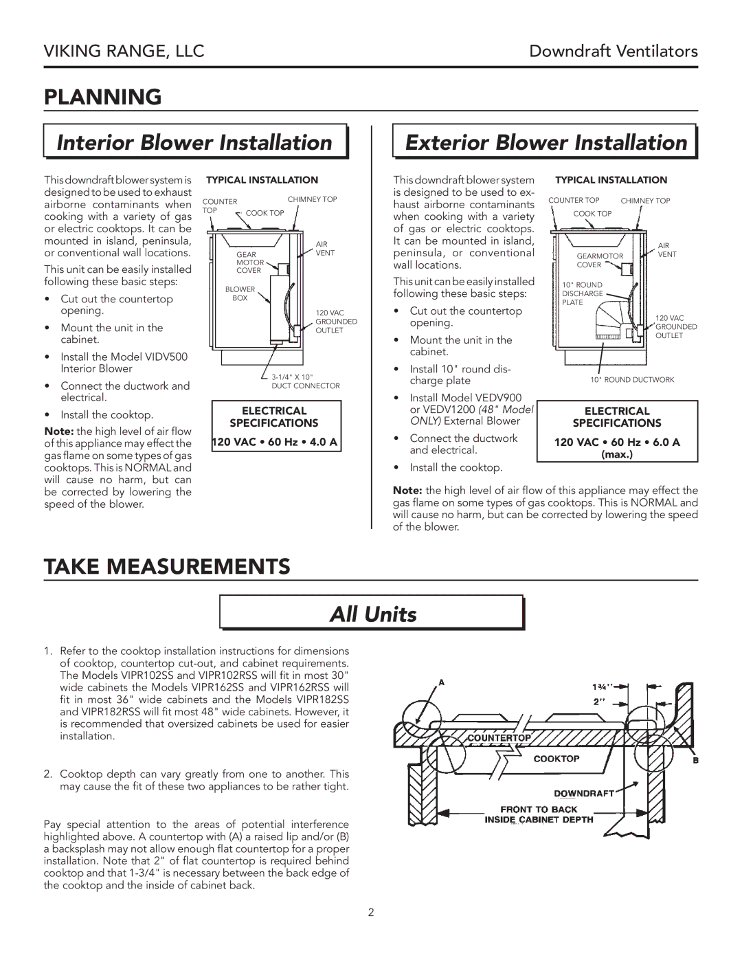 Viking VIPR182R, VIPR162 Planning, Take Measurements, Electrical Specifications, VAC 60 Hz 4.0 a, VAC 60 Hz 6.0 a Max 