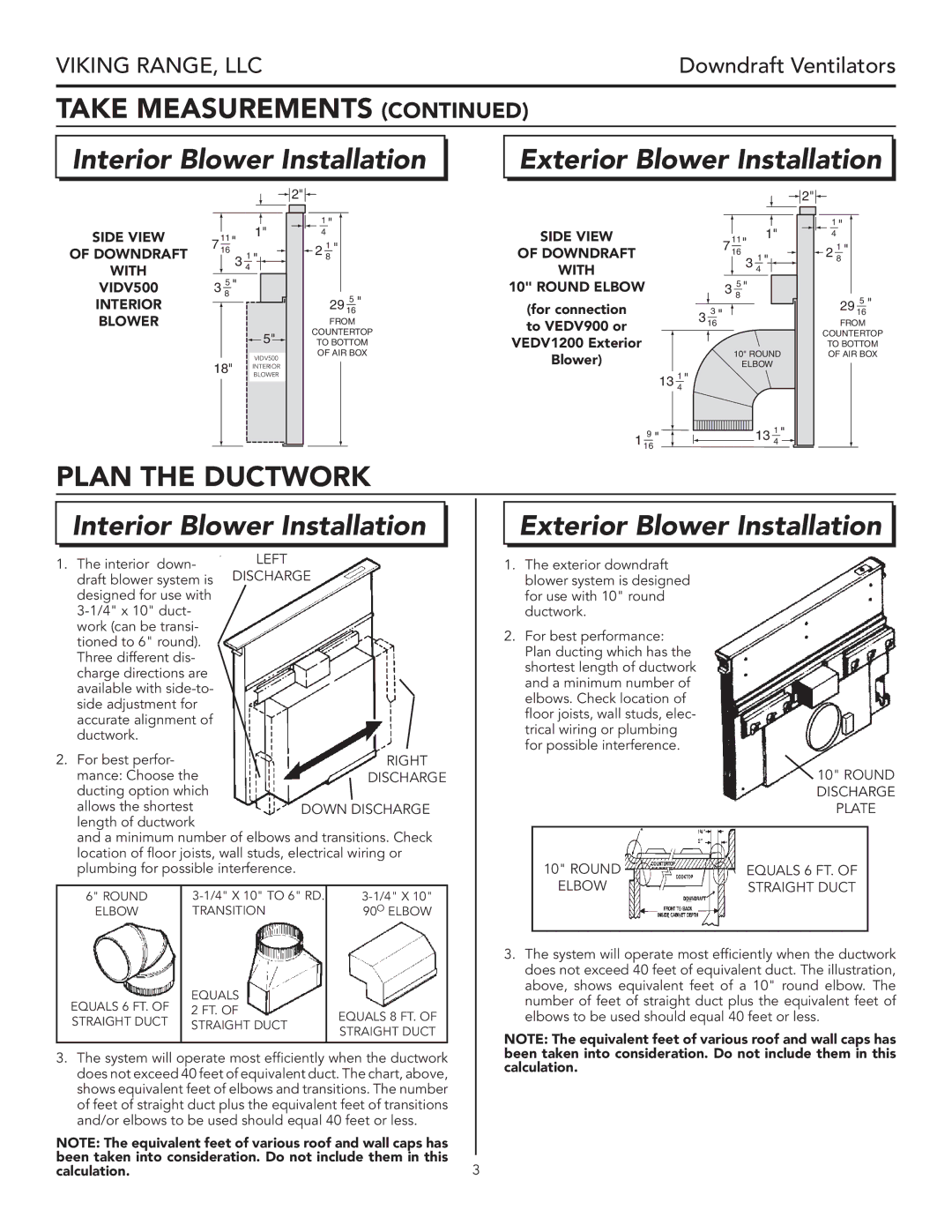 Viking VIPR102R Plan the Ductwork, Side View Downdraft With VIDV500 Interior Blower, Side View Downdraft With Round Elbow 