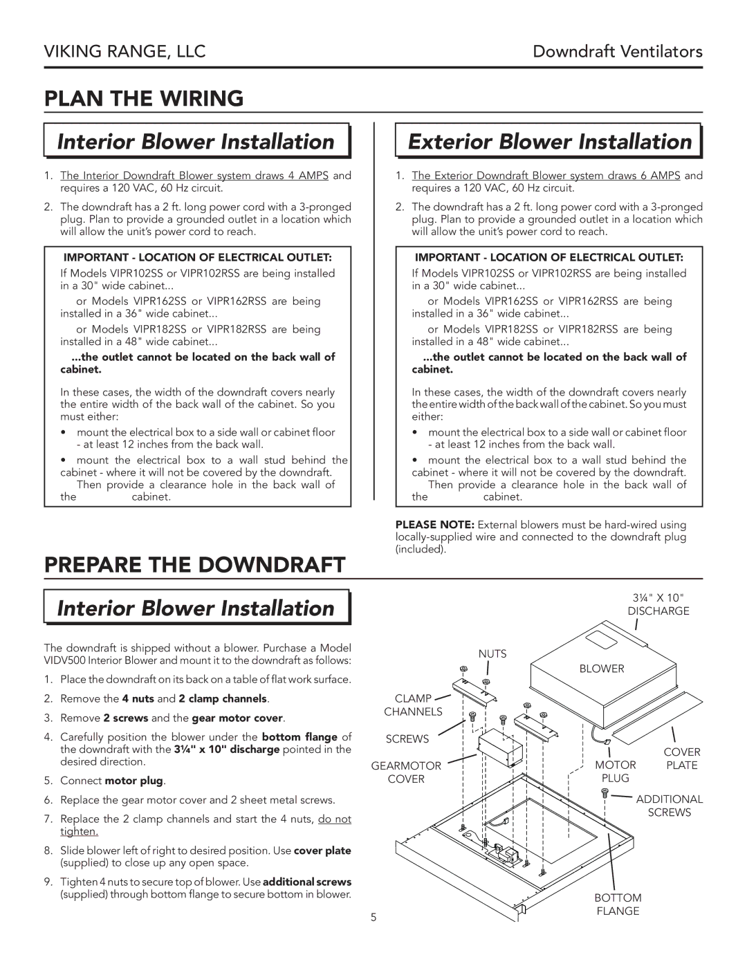 Viking VIPR102 warranty Plan the Wiring, Prepare the Downdraft, Important Location of Electrical Outlet, Connect motor plug 