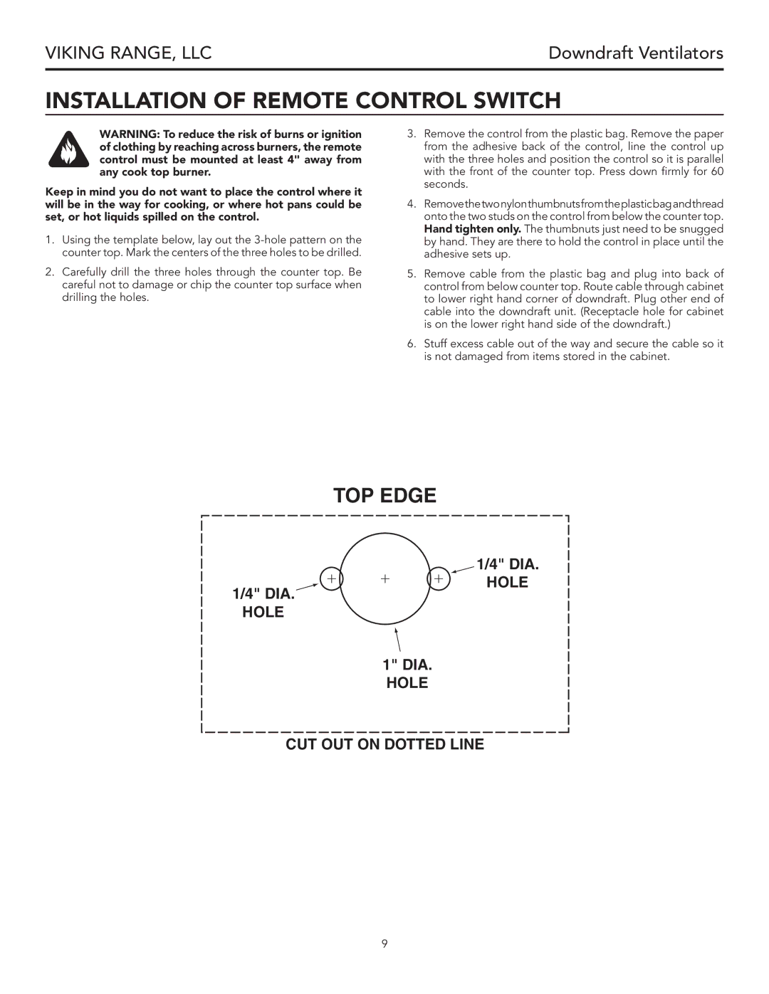 Viking VIPR102R, VIPR182R, VIPR162R warranty Installation of Remote Control Switch 