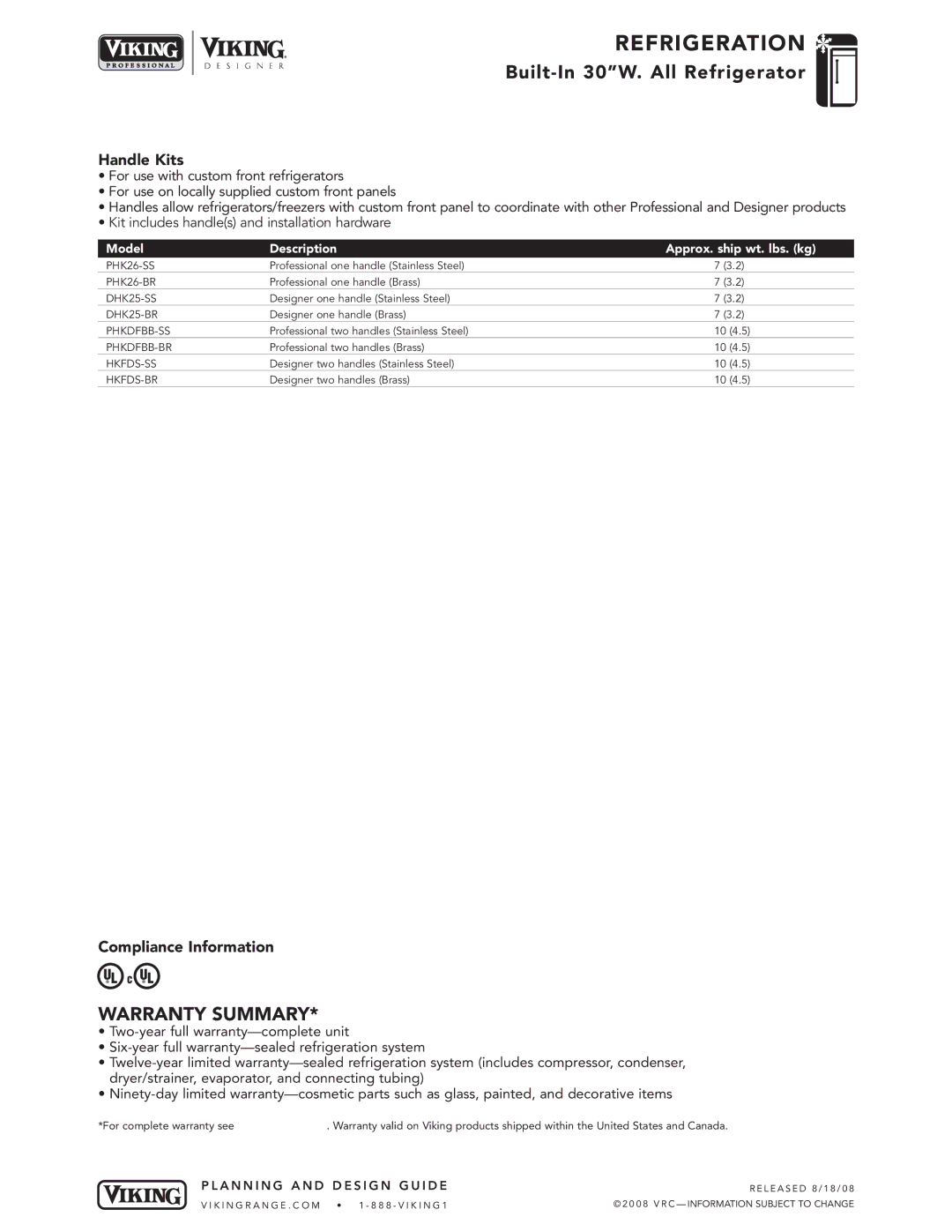 Viking VIRB304 specifications Handle Kits, Compliance Information, Kit includes handles and installationhardware 