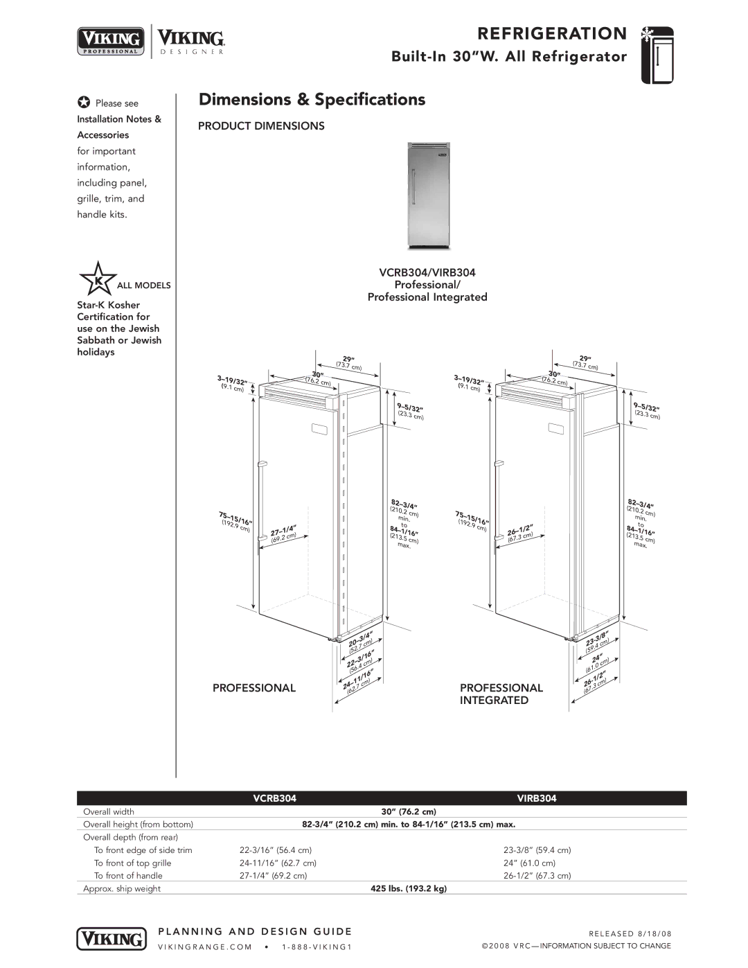 Viking Dimensions & Specifications, Product Dimensions VCRB304/VIRB304, Professional Professional Integrated 