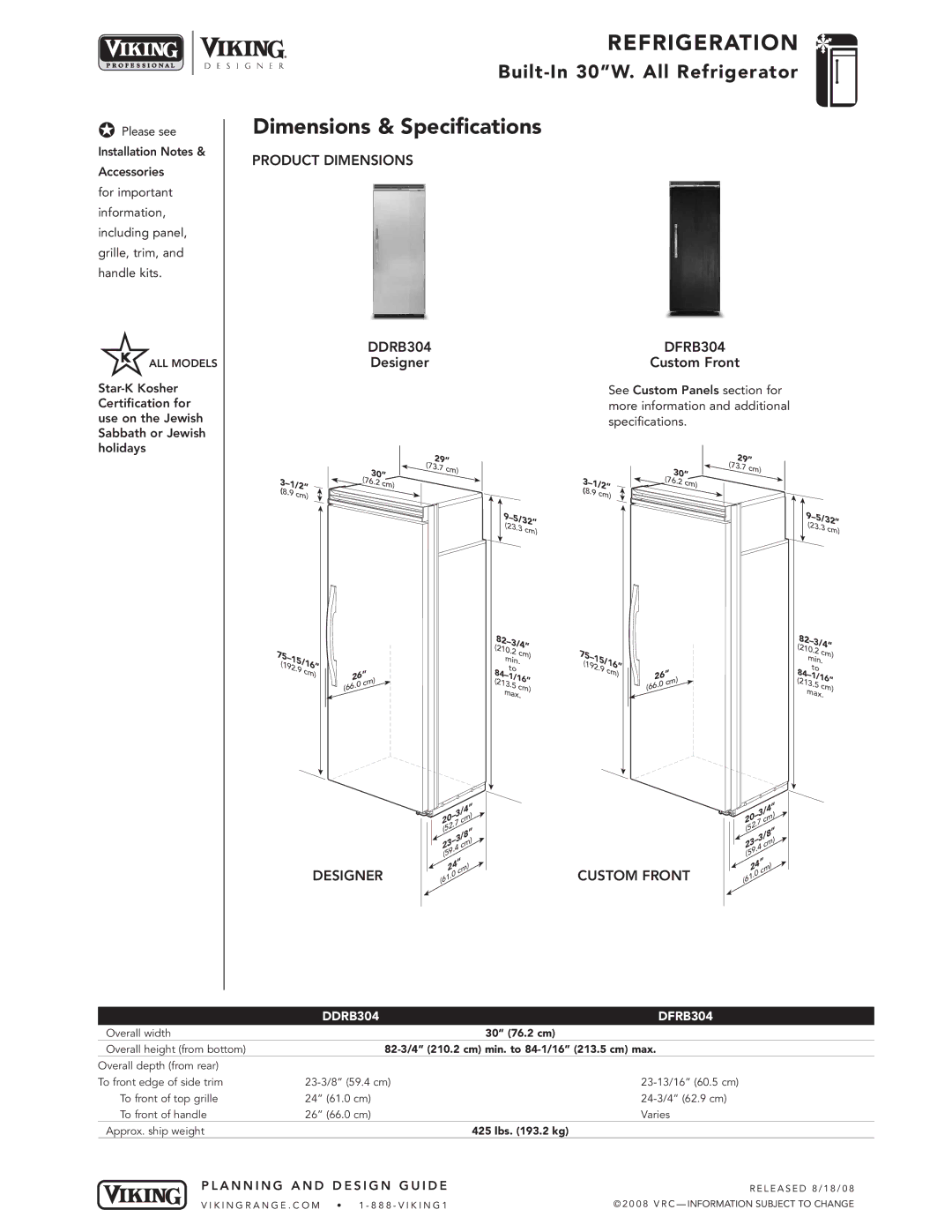 Viking VIRB304 specifications Product Dimensions, Designer, Custom Front, DDRB304 DFRB304 