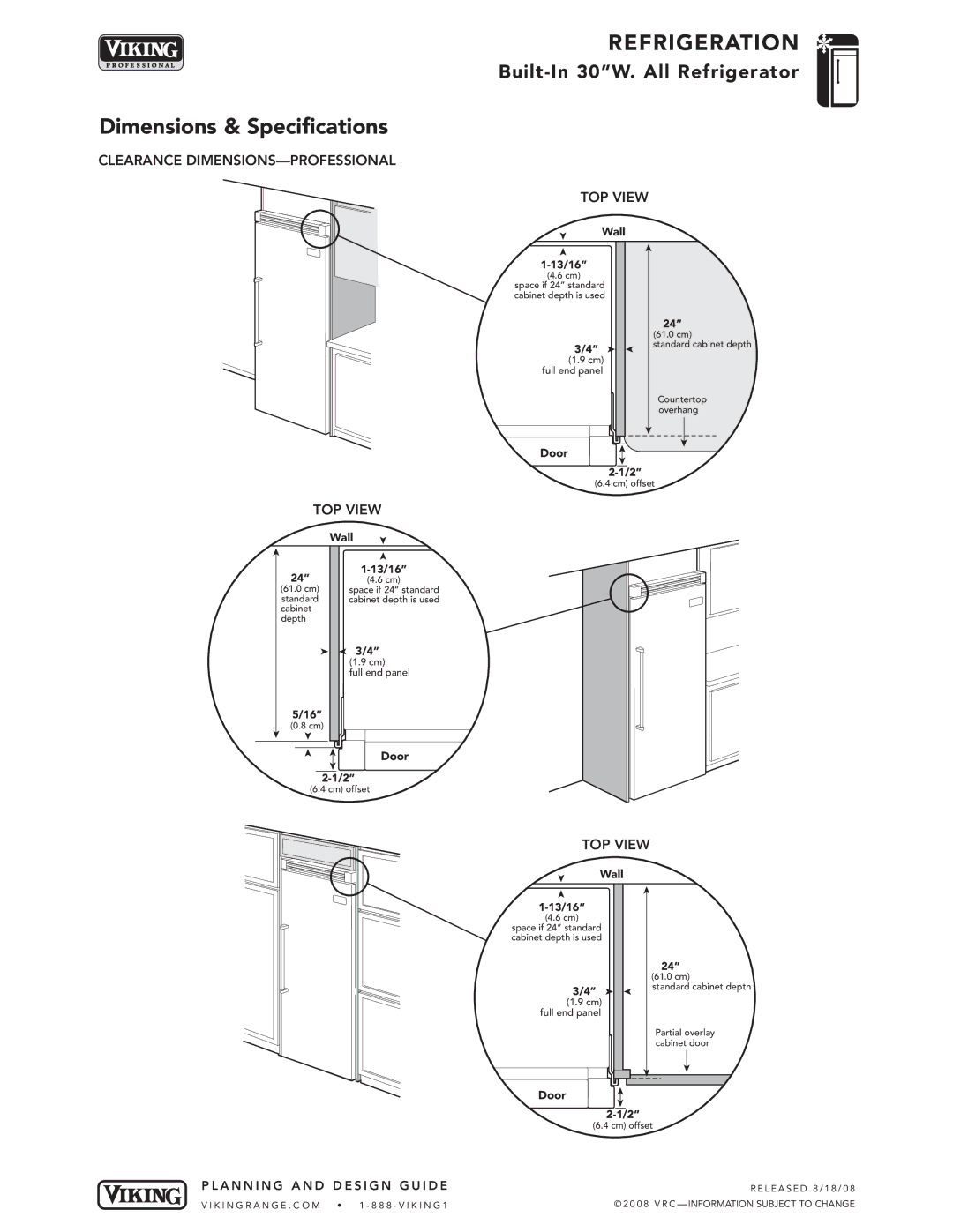 Viking VIRB304 specifications Clearance DIMENSIONS-PROFESSIONAL, TOP View 