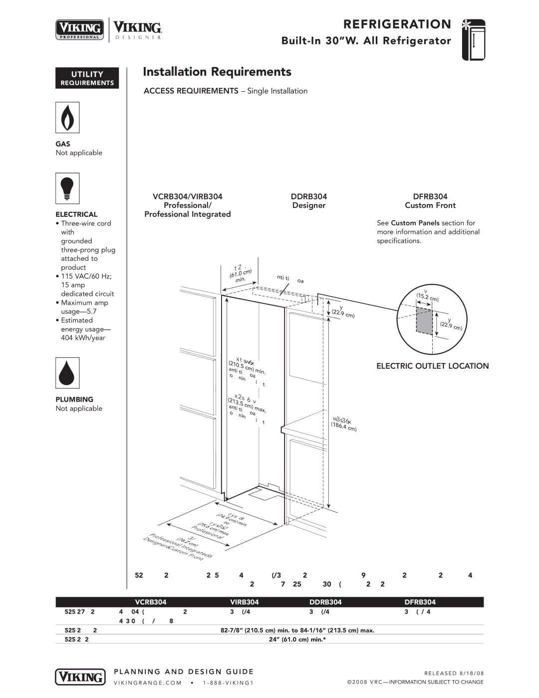 Viking specifications Installation Requirements, Electric Outlet Location, VCRB304 VIRB304 DDRB304 DFRB304 