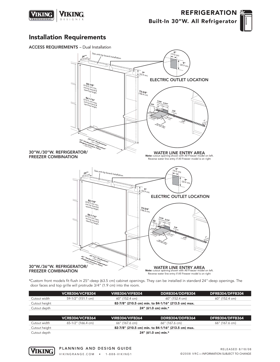 Viking VIRB304 specifications 30W./36W. Refrigerator, Freezer Combination 