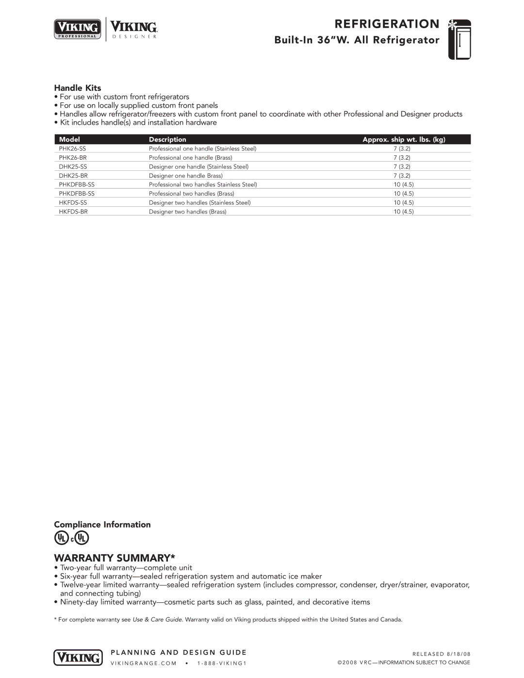 Viking VIRB364 specifications Handle Kits, Compliance Information 