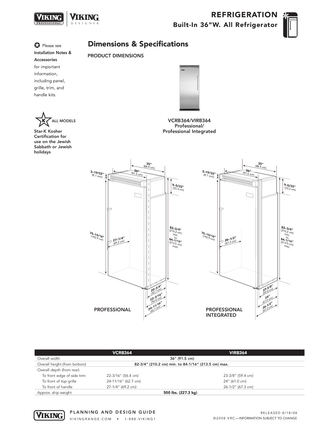 Viking Dimensions & Specifications, Product Dimensions VCRB364/VIRB364, Professional Integrated, VCRB364 VIRB364 