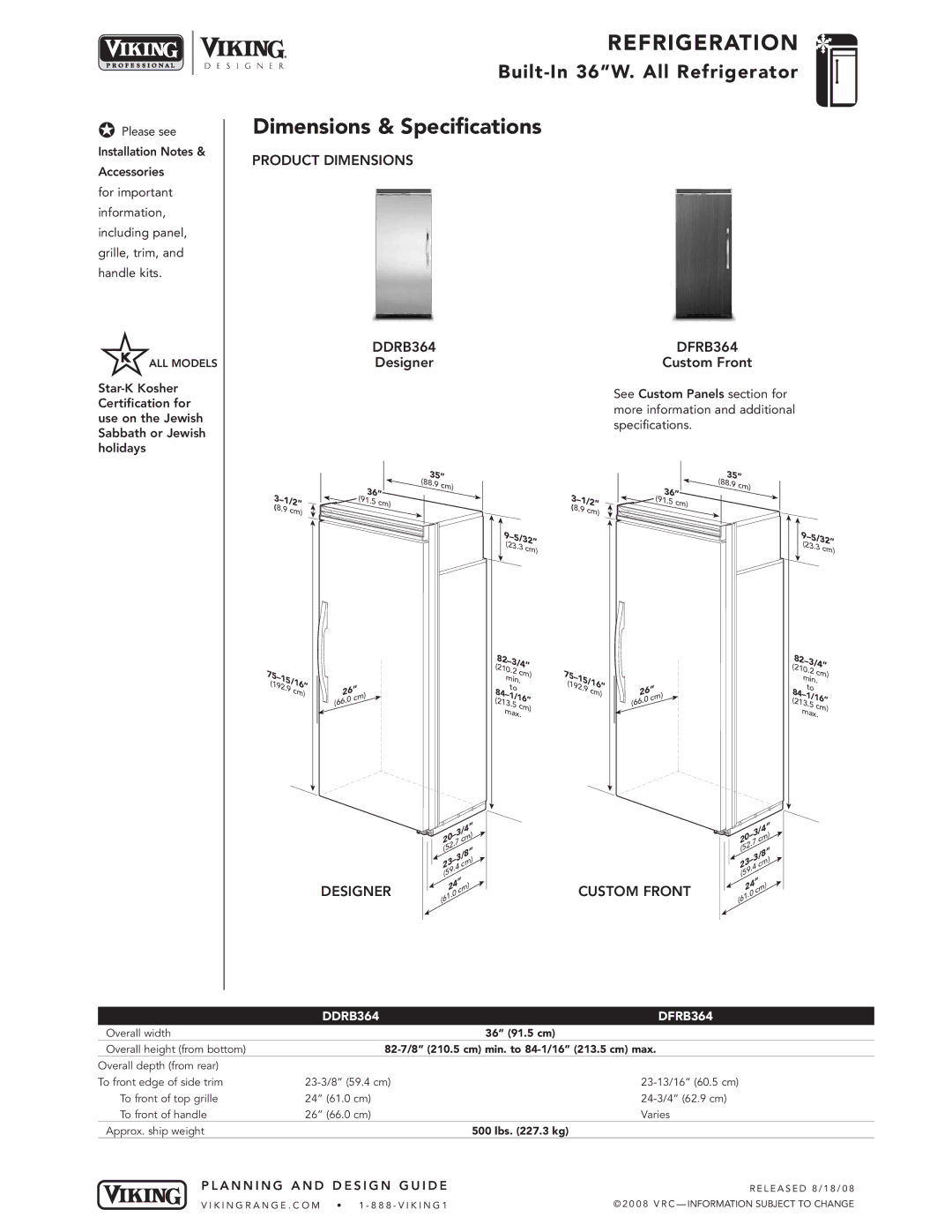 Viking VIRB364 specifications Product Dimensions DDRB364 DFRB364, Designer Custom Front 