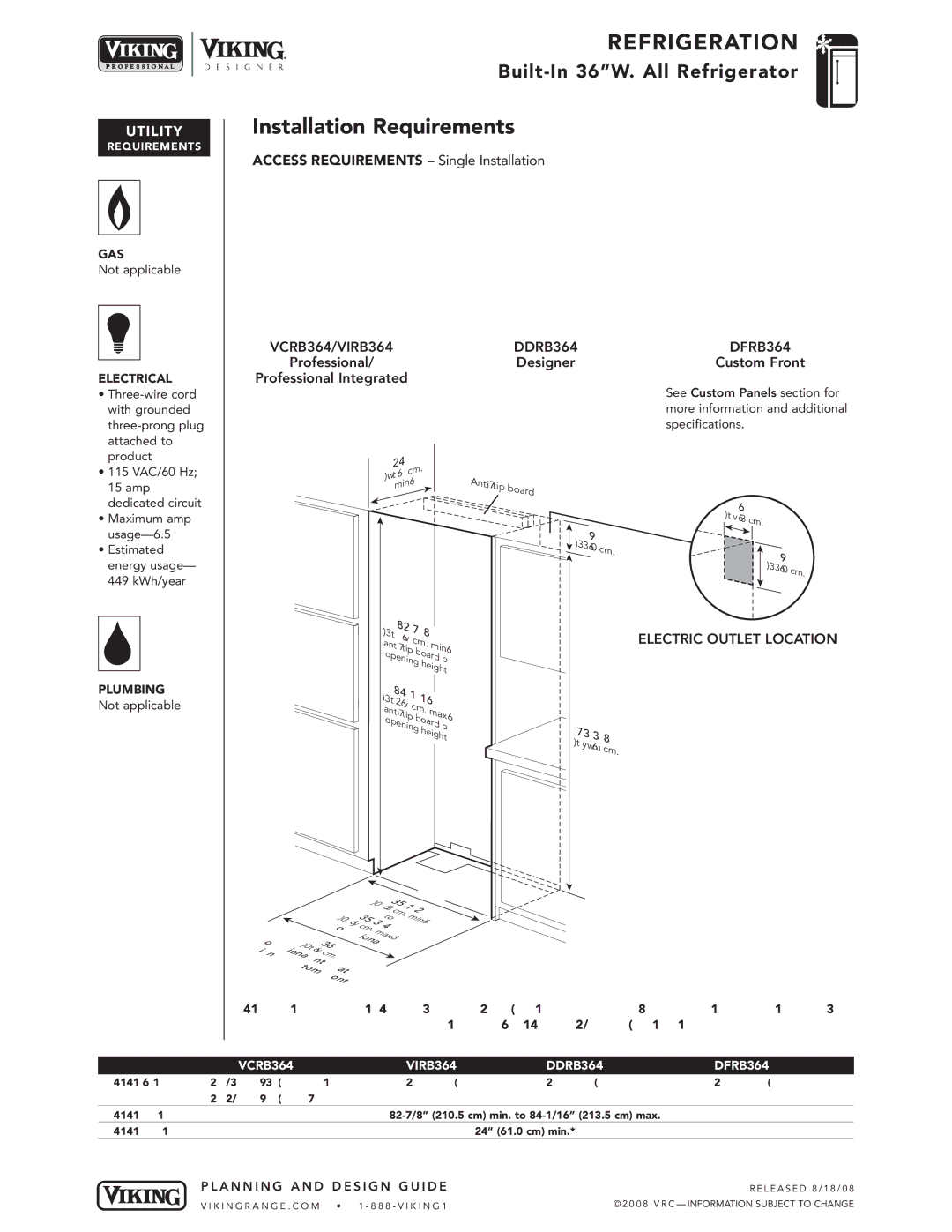 Viking specifications Installation Requirements, Electric Outlet Location, VCRB364 VIRB364 DDRB364 DFRB364 