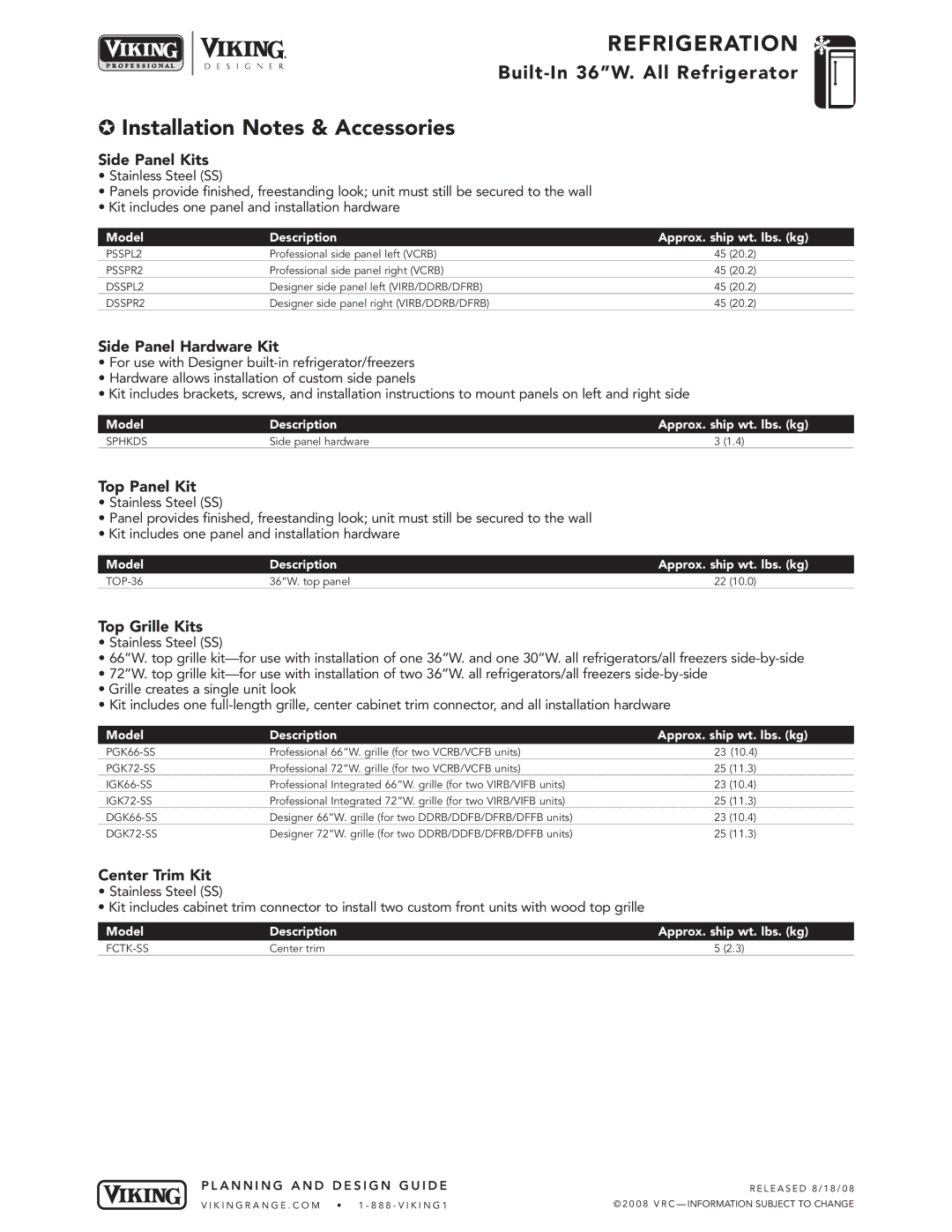 Viking VIRB364 specifications Installation Notes & Accessories 