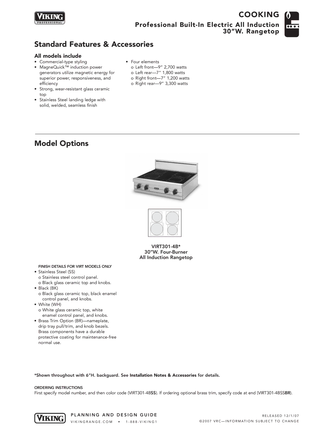 Viking VIRT301-4B* manual Standard Features & Accessories, Model Options, All models include 