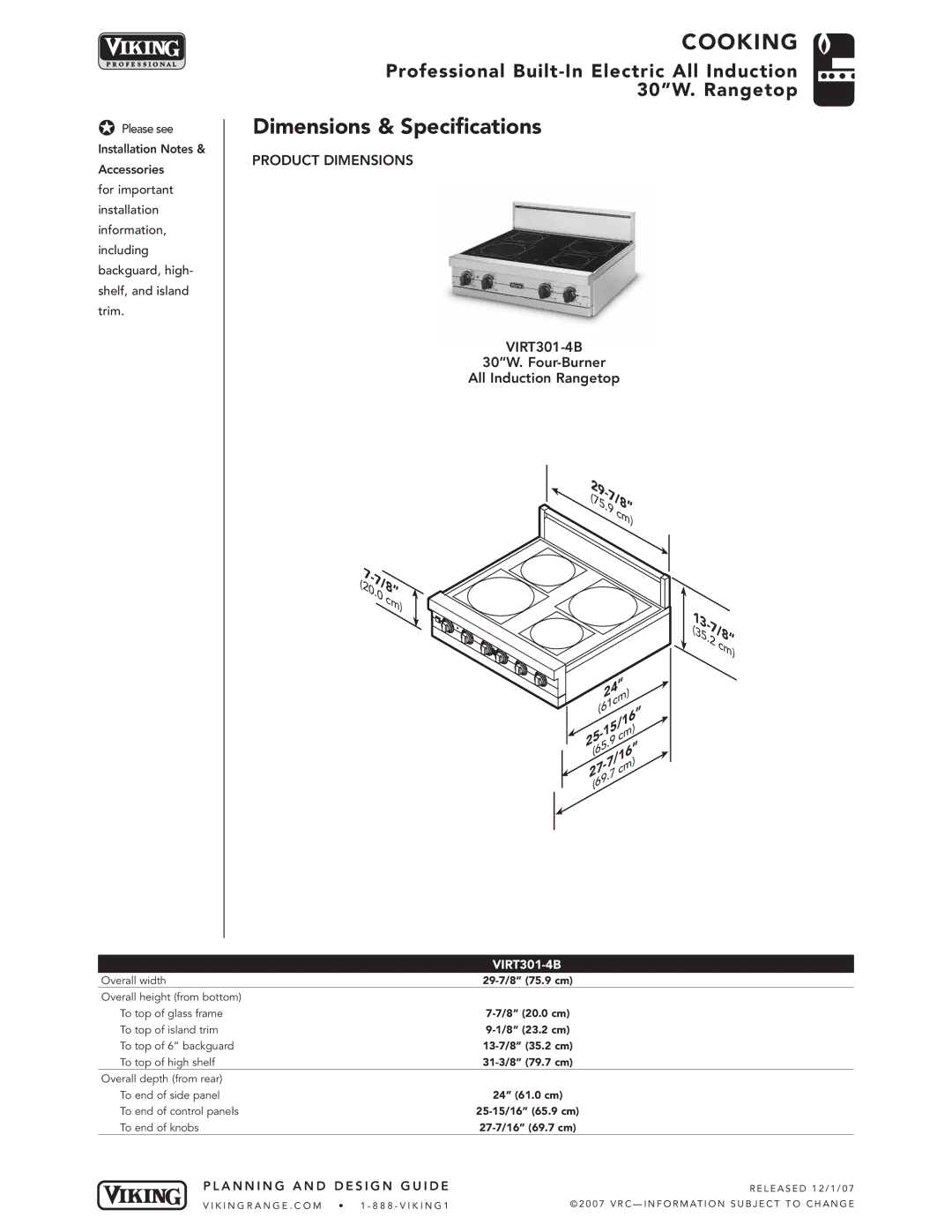 Viking VIRT301-4B* manual Dimensions & Specifications, 27/8 