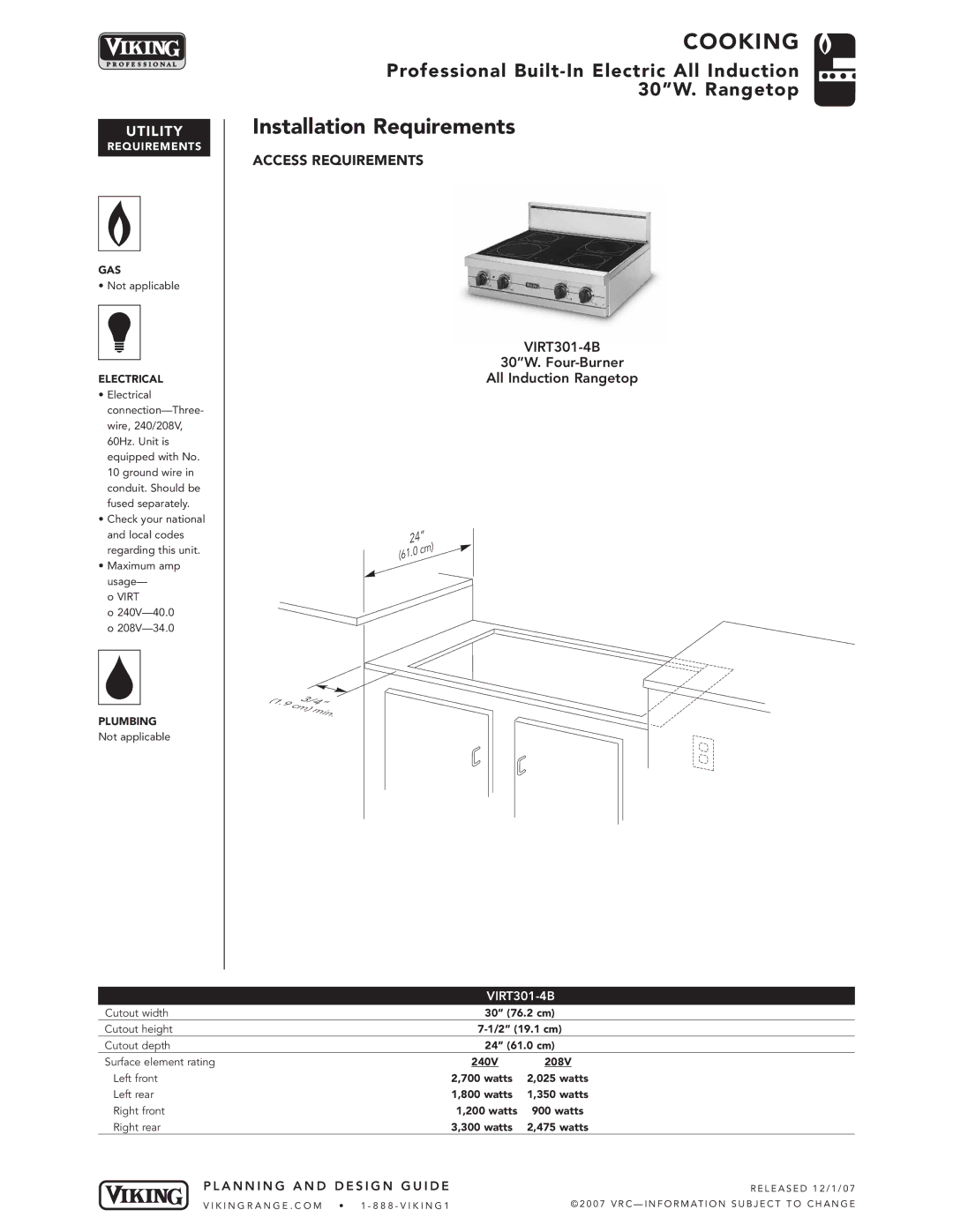 Viking VIRT301-4B* manual Installation Requirements, Utility 