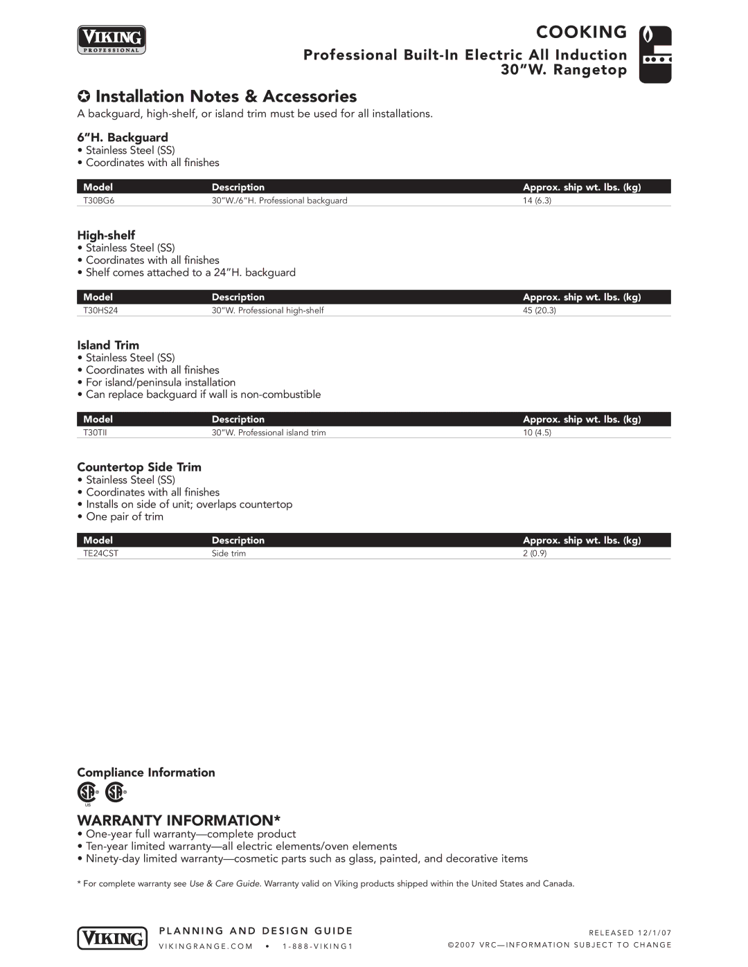 Viking VIRT301-4B* manual Installation Notes & Accessories 