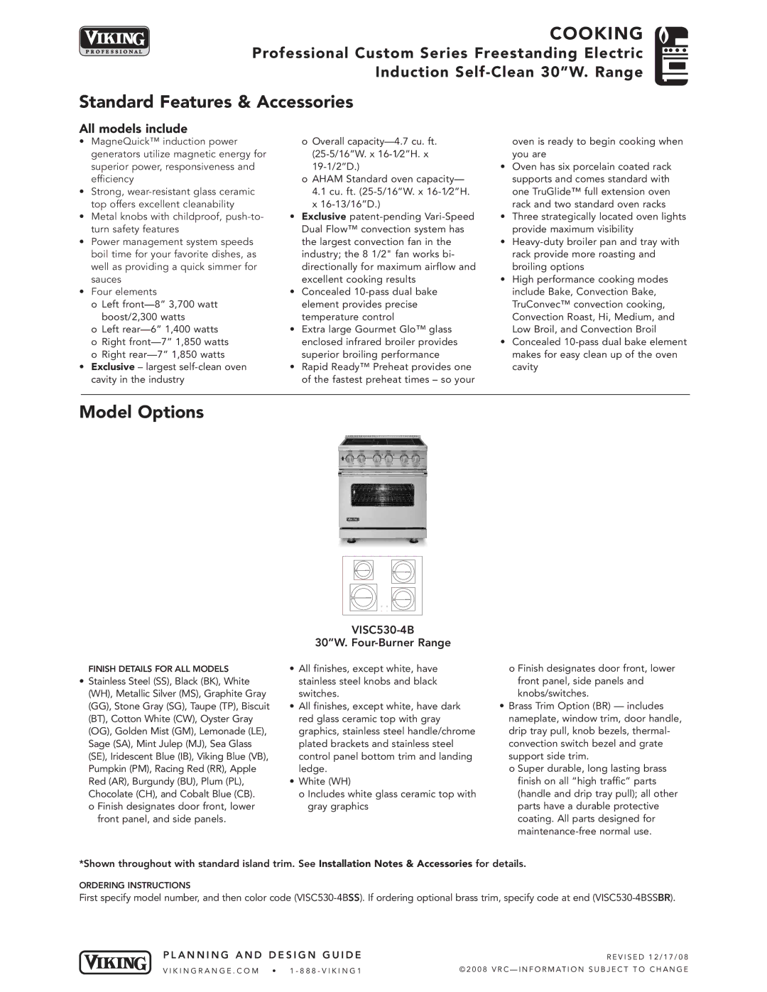 Viking VISC530-4B manual COO King, Standard Features & Accessories, Model Options, All models include 