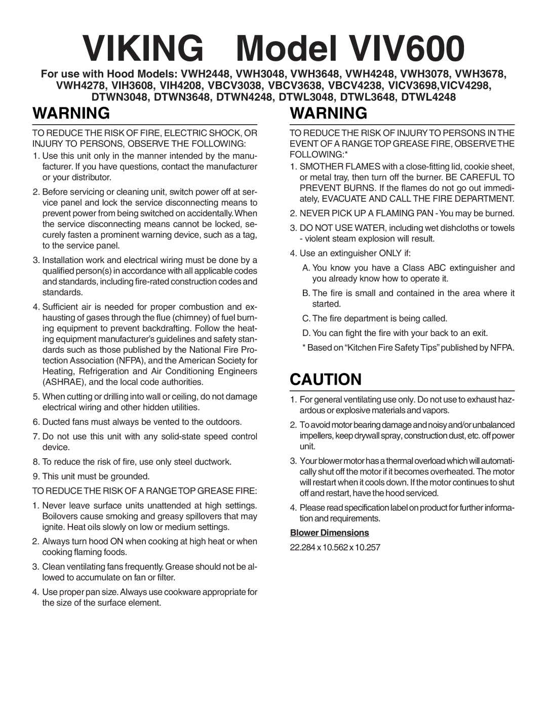 Viking VIV600 dimensions Viking Model, To Reduce the Risk of a Range TOP Grease Fire 