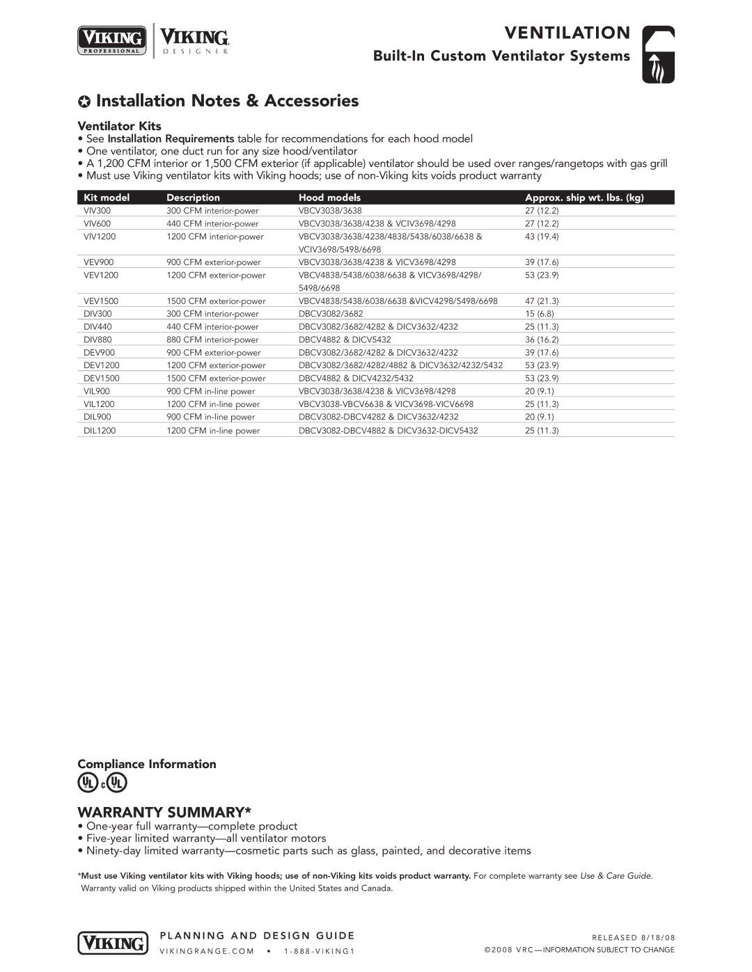 Viking VIVC dimensions Installation Notes & Accessories, Ventilator Kits, Compliance Information 