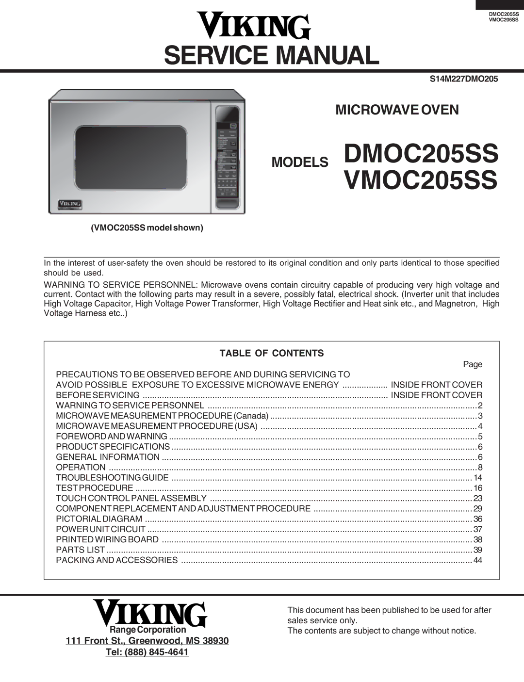 Viking service manual Models DMOC205SS VMOC205SS, Table of Contents 