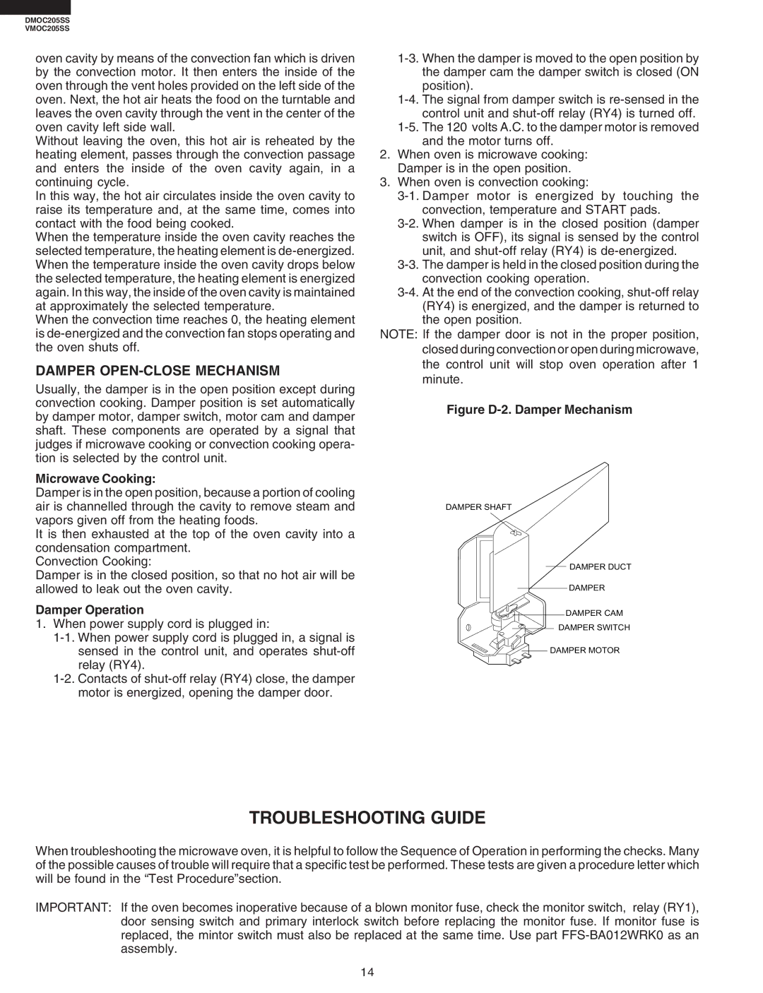 Viking VMOC205SS, DMOC205SS Troubleshooting Guide, Damper OPEN-CLOSE Mechanism, Microwave Cooking, Damper Operation 