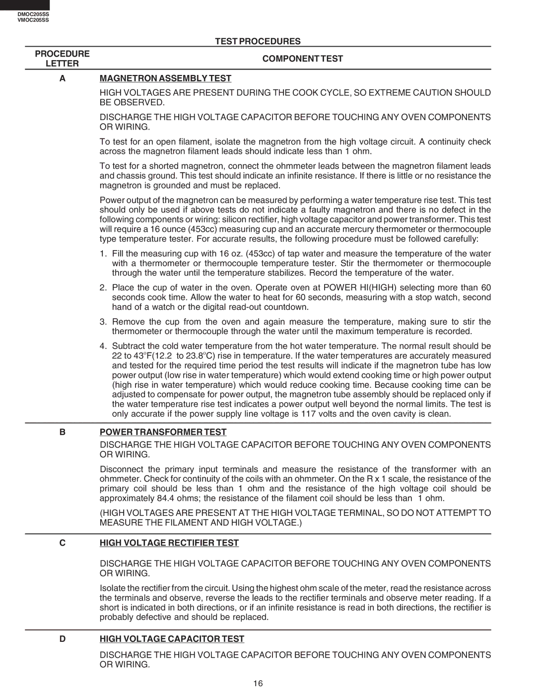 Viking VMOC205SS, DMOC205SS service manual Power Transformer Test, High Voltage Rectifier Test, High Voltage Capacitor Test 