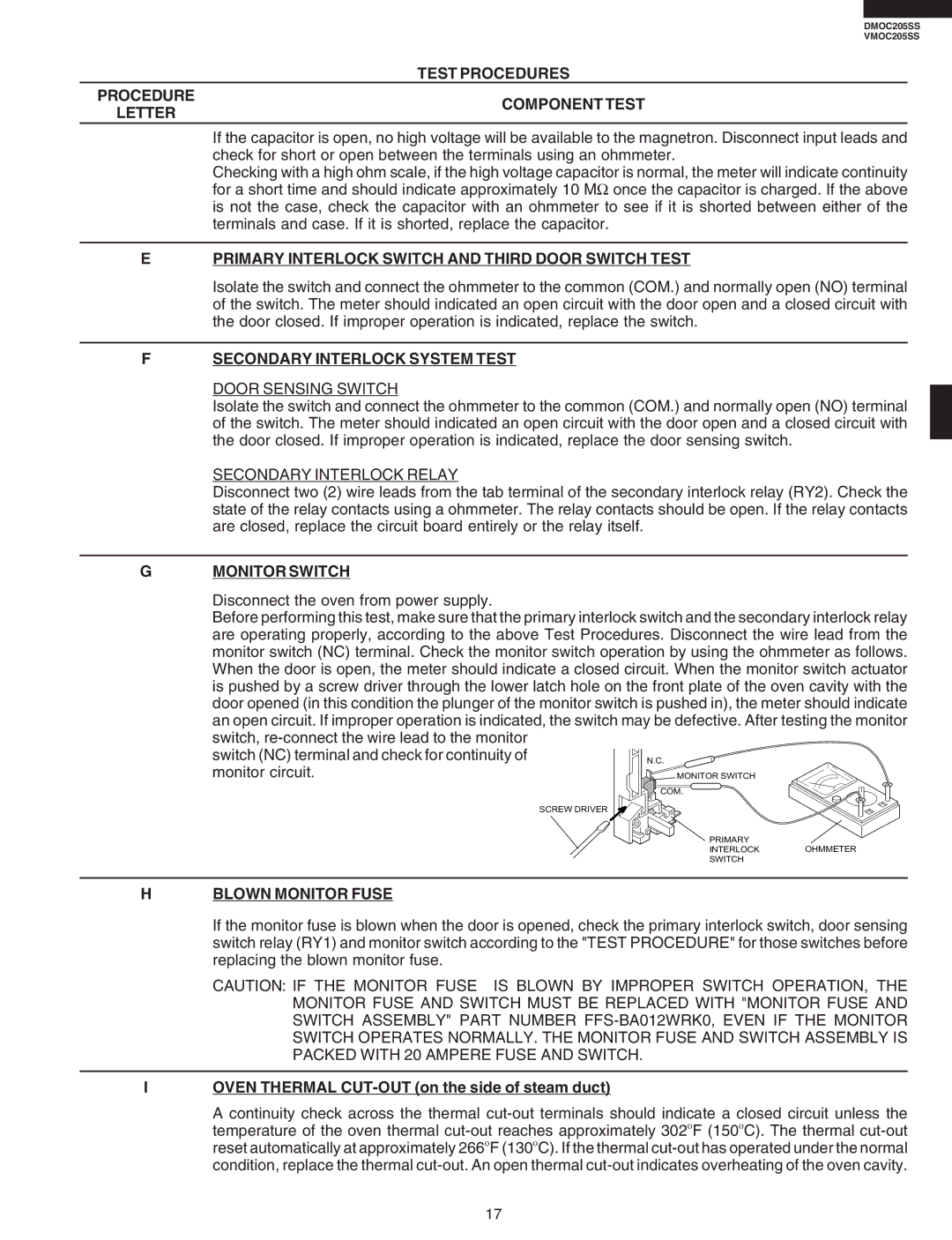 Viking DMOC205SS, VMOC205SS Test Procedures Letter Component Test, Primary Interlock Switch and Third Door Switch Test 