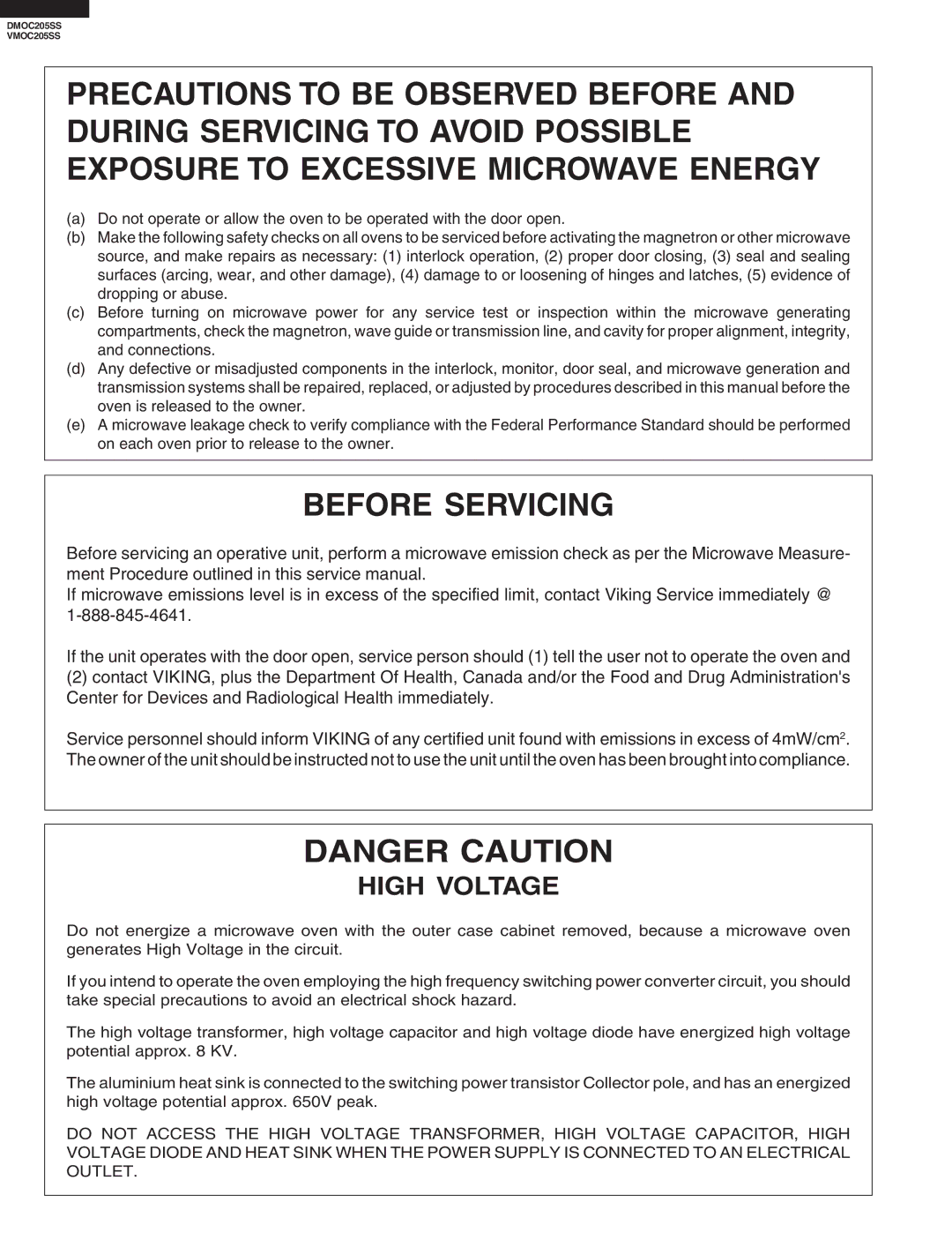 Viking VMOC205SS, DMOC205SS service manual Before Servicing 