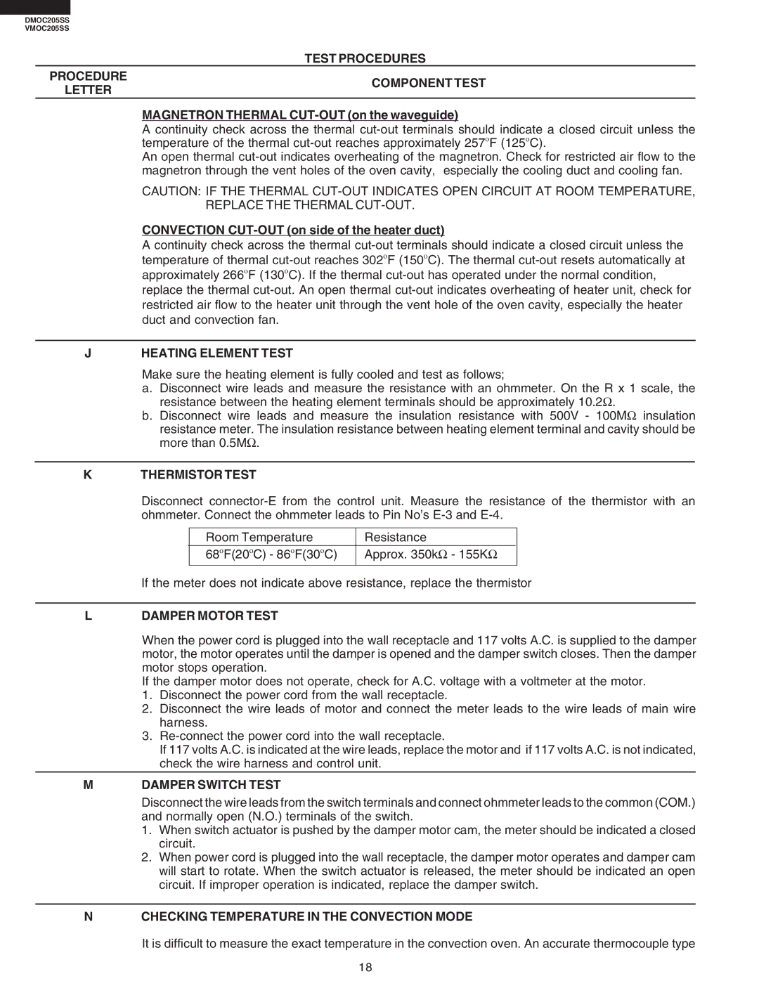 Viking VMOC205SS, DMOC205SS service manual Heating Element Test, Thermistor Test, Damper Motor Test, Damper Switch Test 