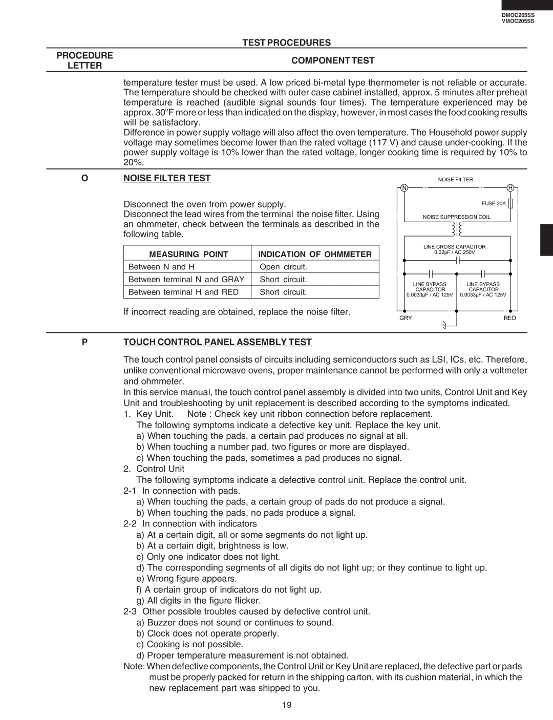 Viking DMOC205SS, VMOC205SS service manual Noise Filter Test, Touch Control Panel Assembly Test 